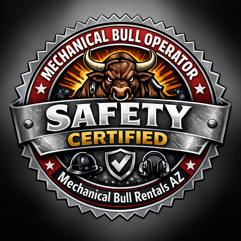 mechanical-bull-operator-safety-certified-az Official 10-hour safety certification seal for mechanical bull operators in Arizona, issued by Mechanical Bull Rentals AZ.